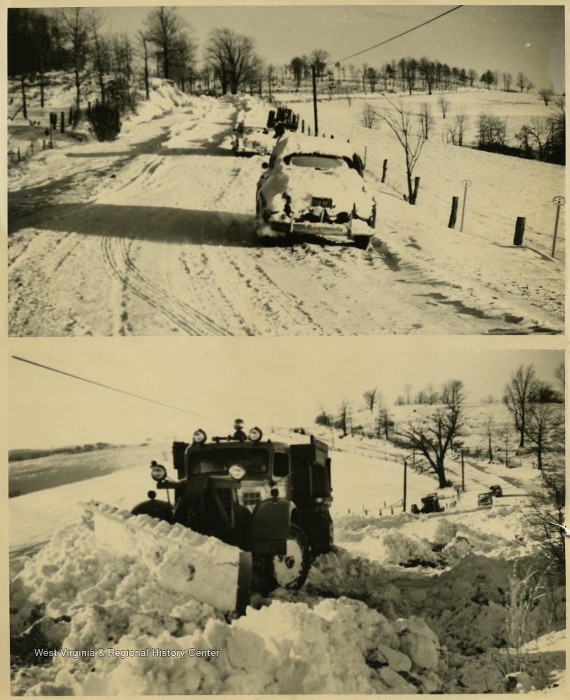 Two Photos of Traffic on a Road Covered in Snow and a Snow Plow near