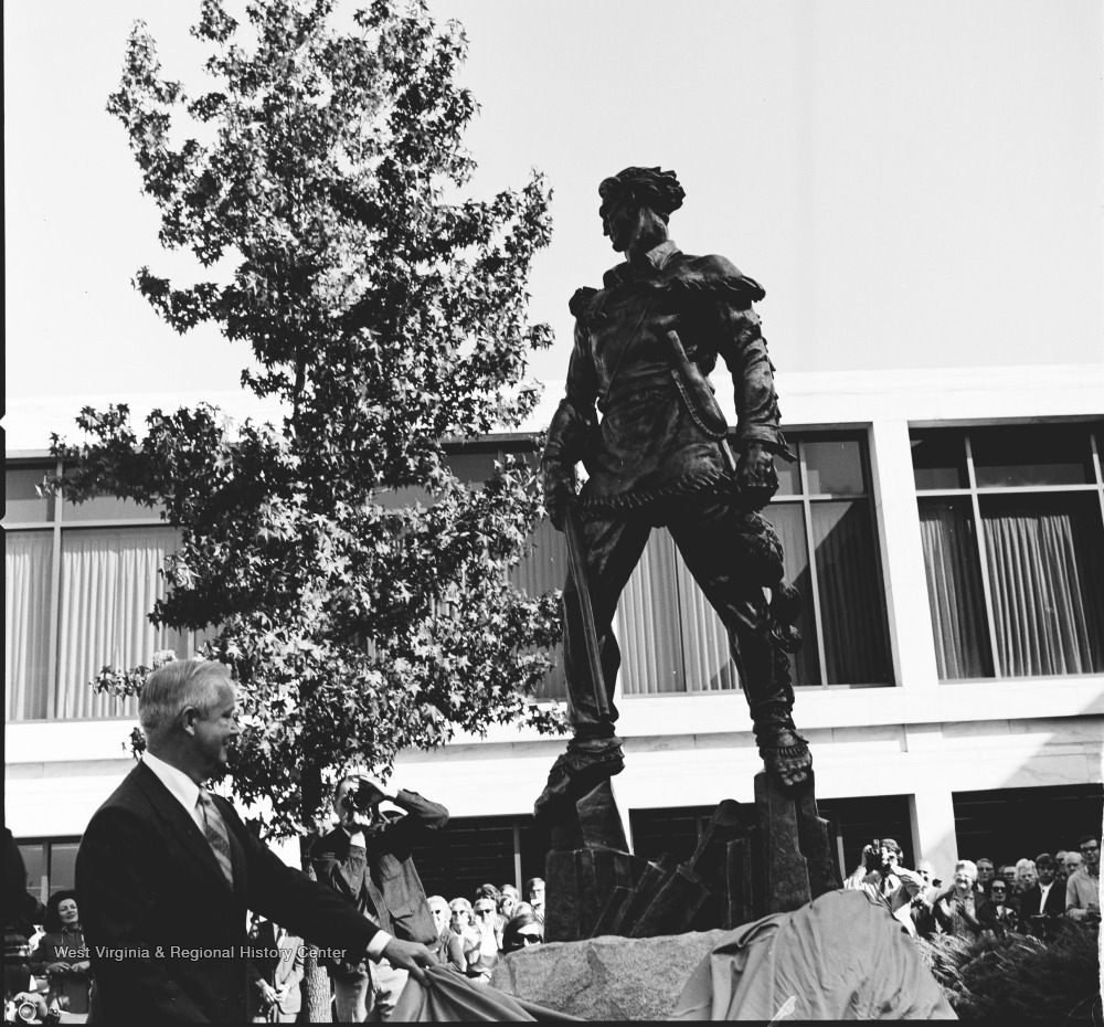 Governor Arch Moore Unveils Mountaineer Statue at Dedication Ceremony, W. Va. West