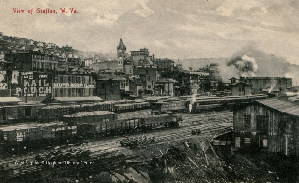 View of Trainyard and City Buildings; Grafton, W. Va. West Virginia