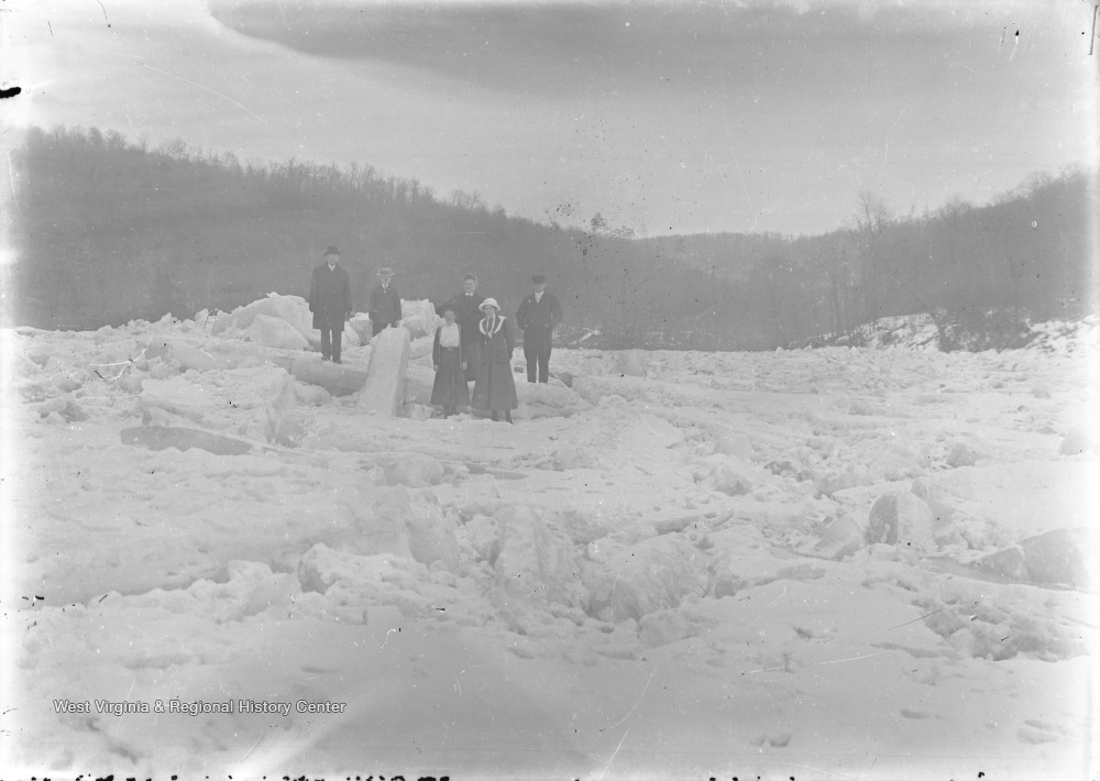 Group of People Stand on Ice Jam on Allegheny River, Foxburg, Pa. West Virginia History OnView