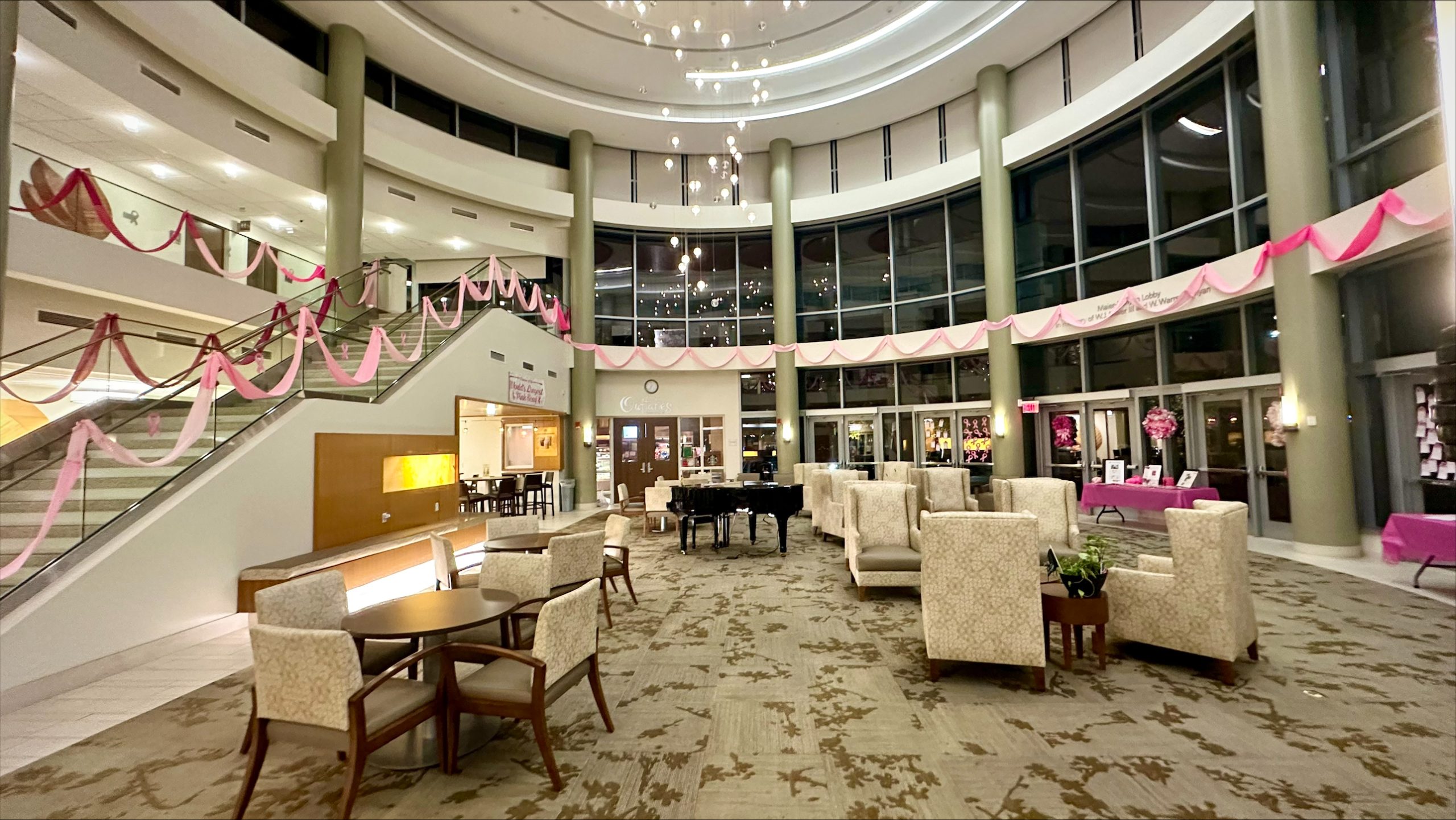 Part of the world’s longest pink scarf on display at the CAMC Cancer