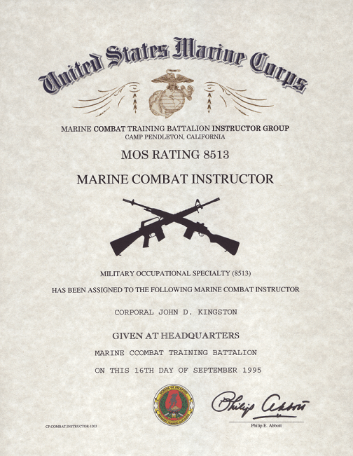 mos 8513 USMC Combat Instructor Certificate