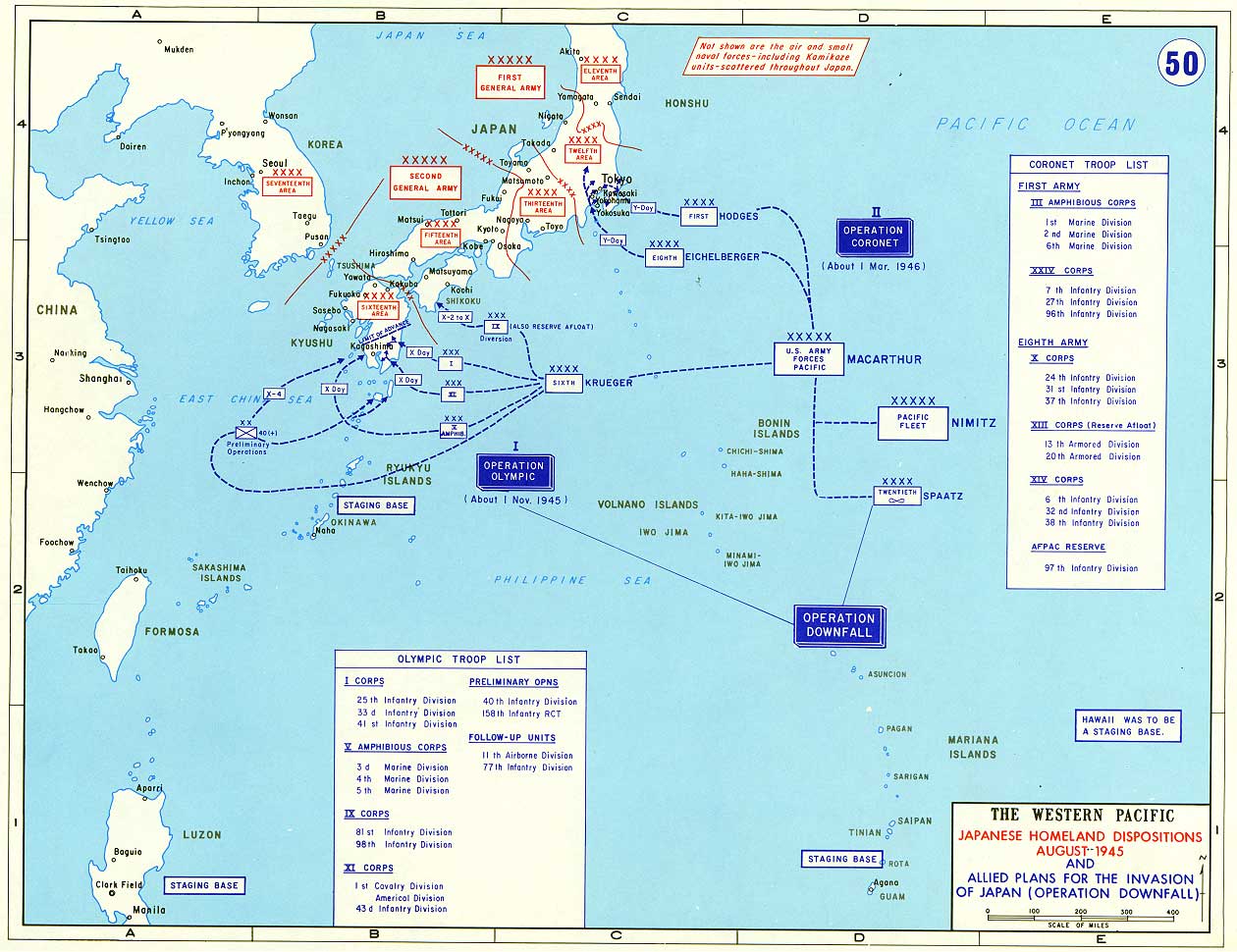 [Map] Map depicting the proposed invasion routes of Operation Downfall; Japanese defensive
