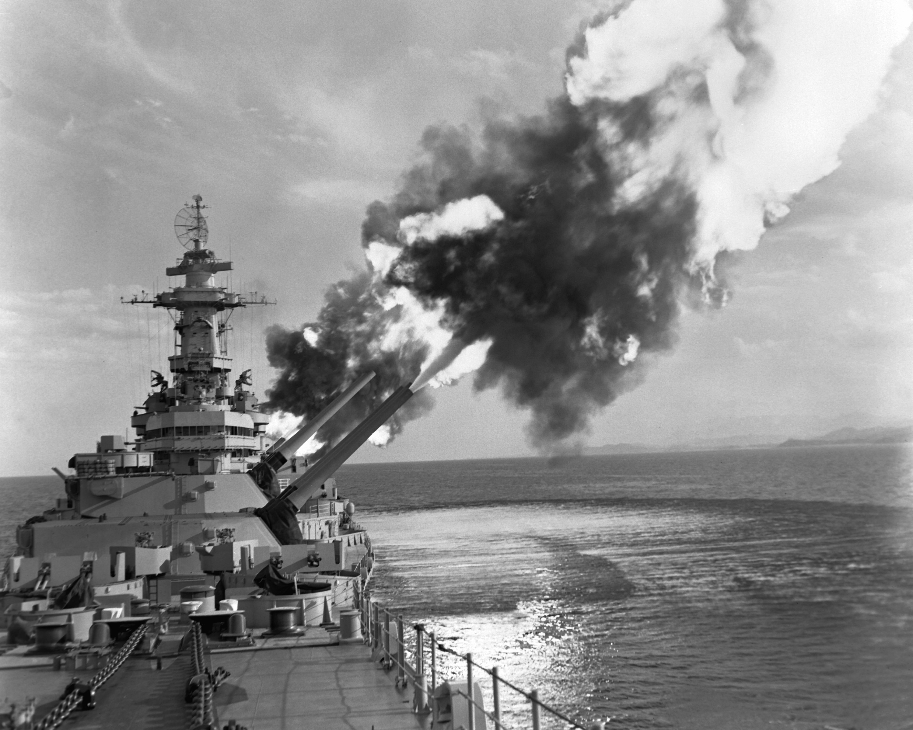 [Photo] Battleship New Jersey firing a sixgun salvo at an enemy troop