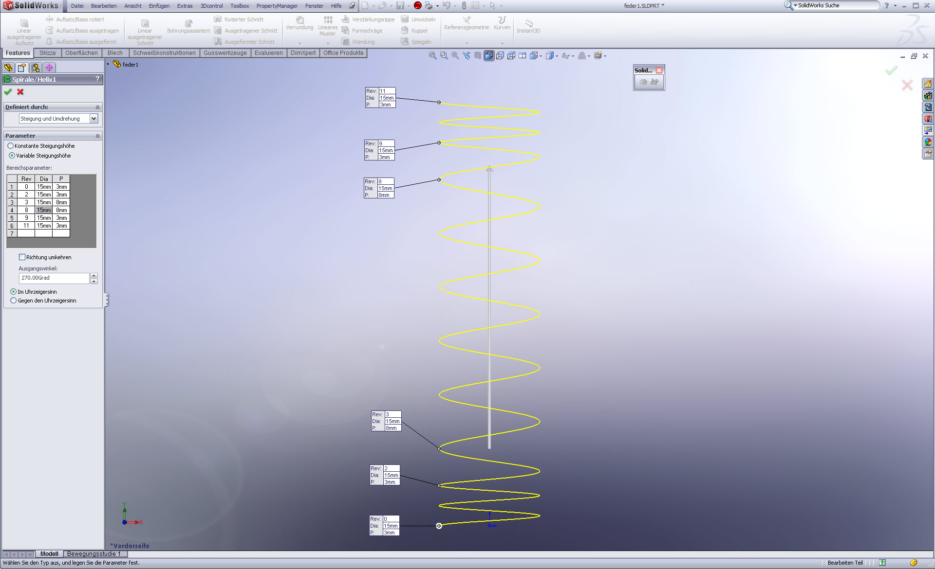 Erstellen einer angelgten, geschliffenen Feder (DS SolidWorks