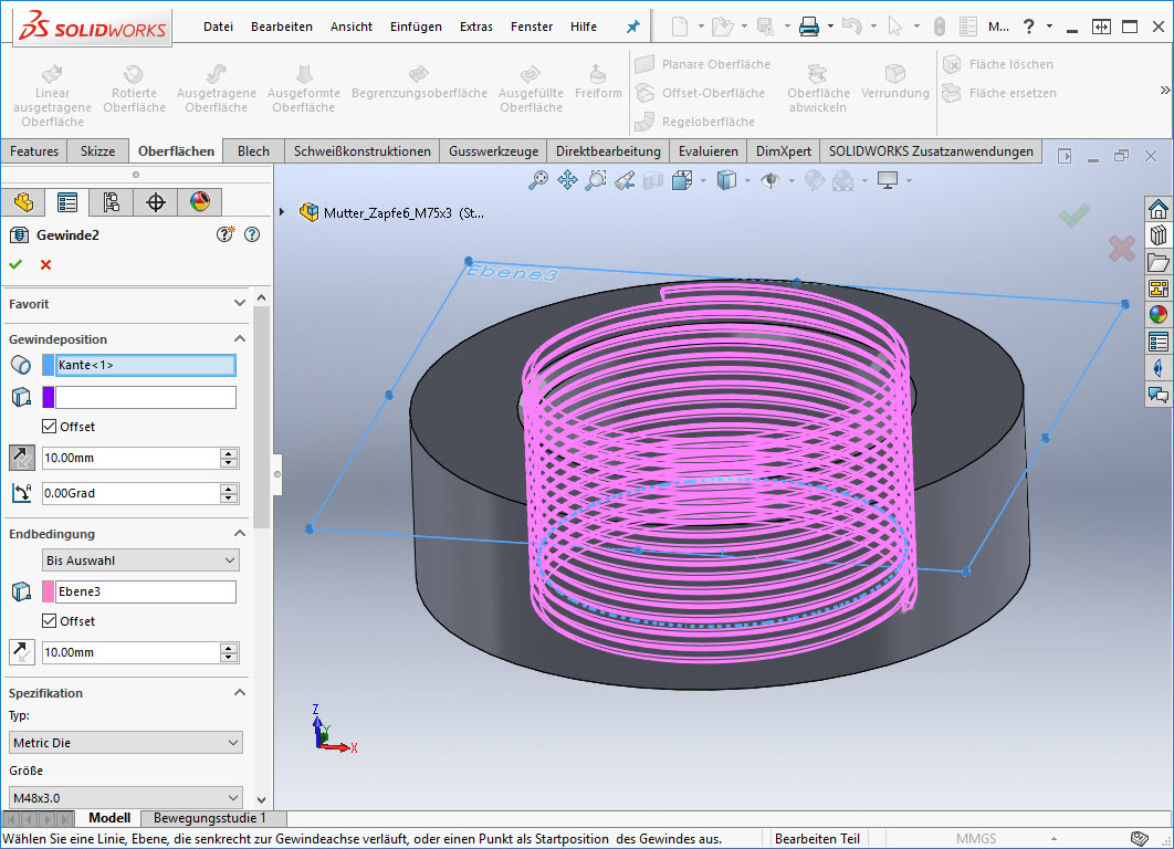 Manuelles Gewinde M75x3 Mutter 3D drucken (DS SolidWorks/SolidWorks