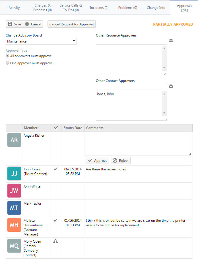 The Approvals tab