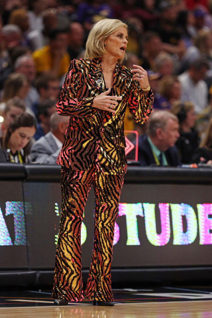 Kim Mulkey's Outfit Changes Stripes at LSU Game NCAA 2024 Tournament