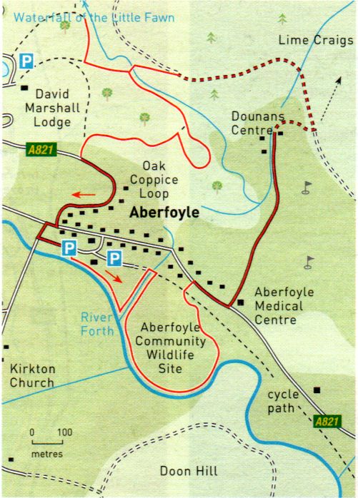 Photographs and map of Aberfoyle in The Trossachs Region of Scotland