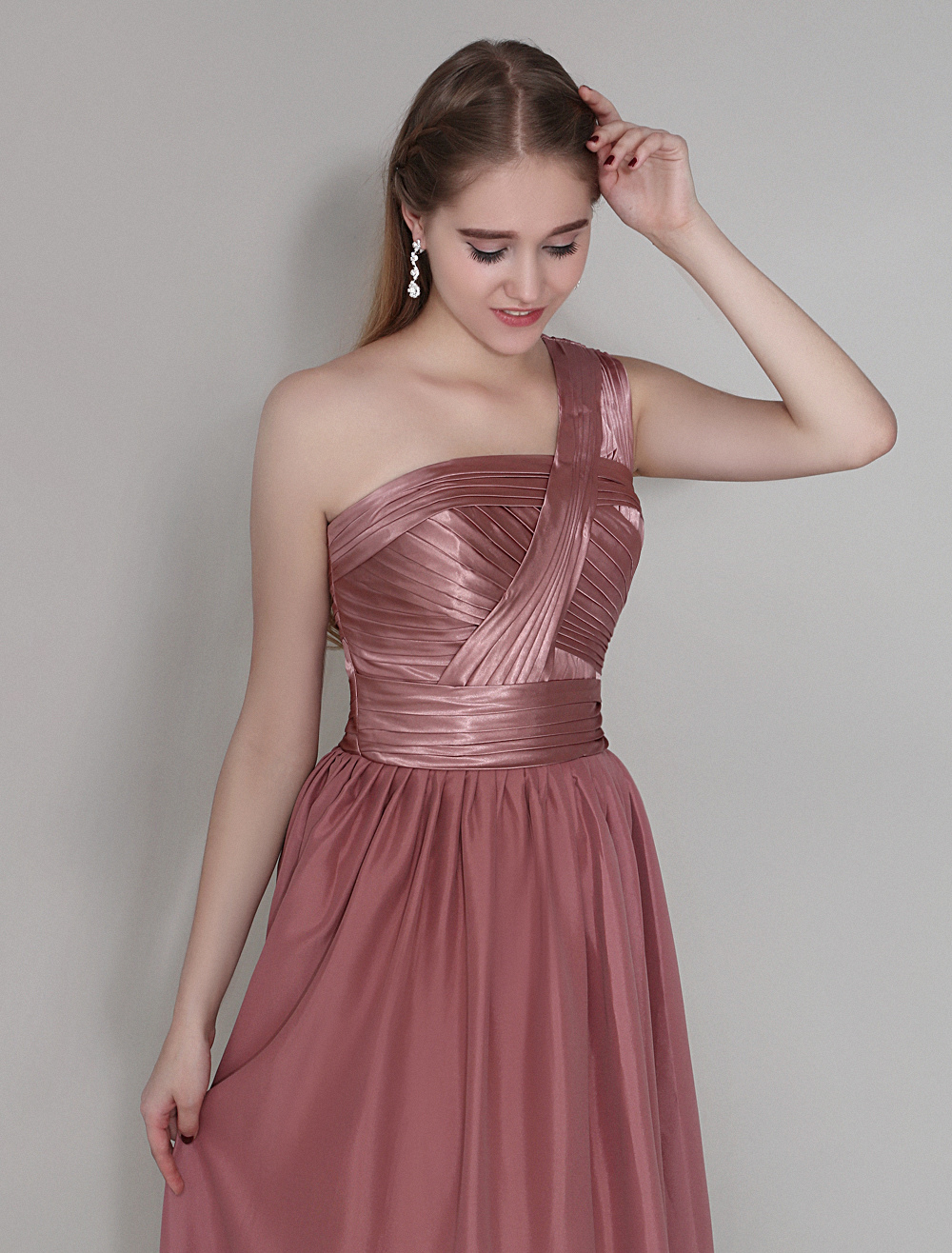 Maroon One Shoulder Bridesmaid Dress Floor Length Pleated Wedding Party