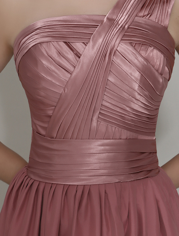 Maroon One Shoulder Bridesmaid Dress Floor Length Pleated Wedding Party