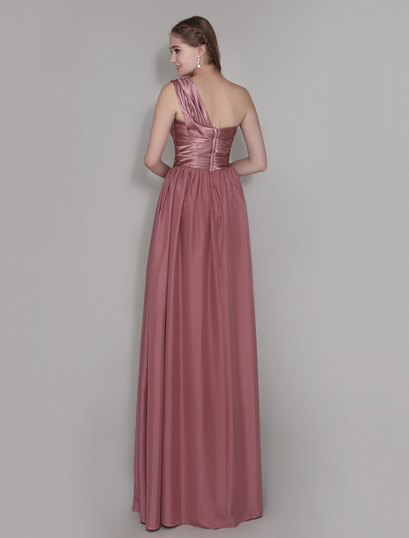 Maroon One Shoulder Bridesmaid Dress Floor Length Pleated Wedding Party