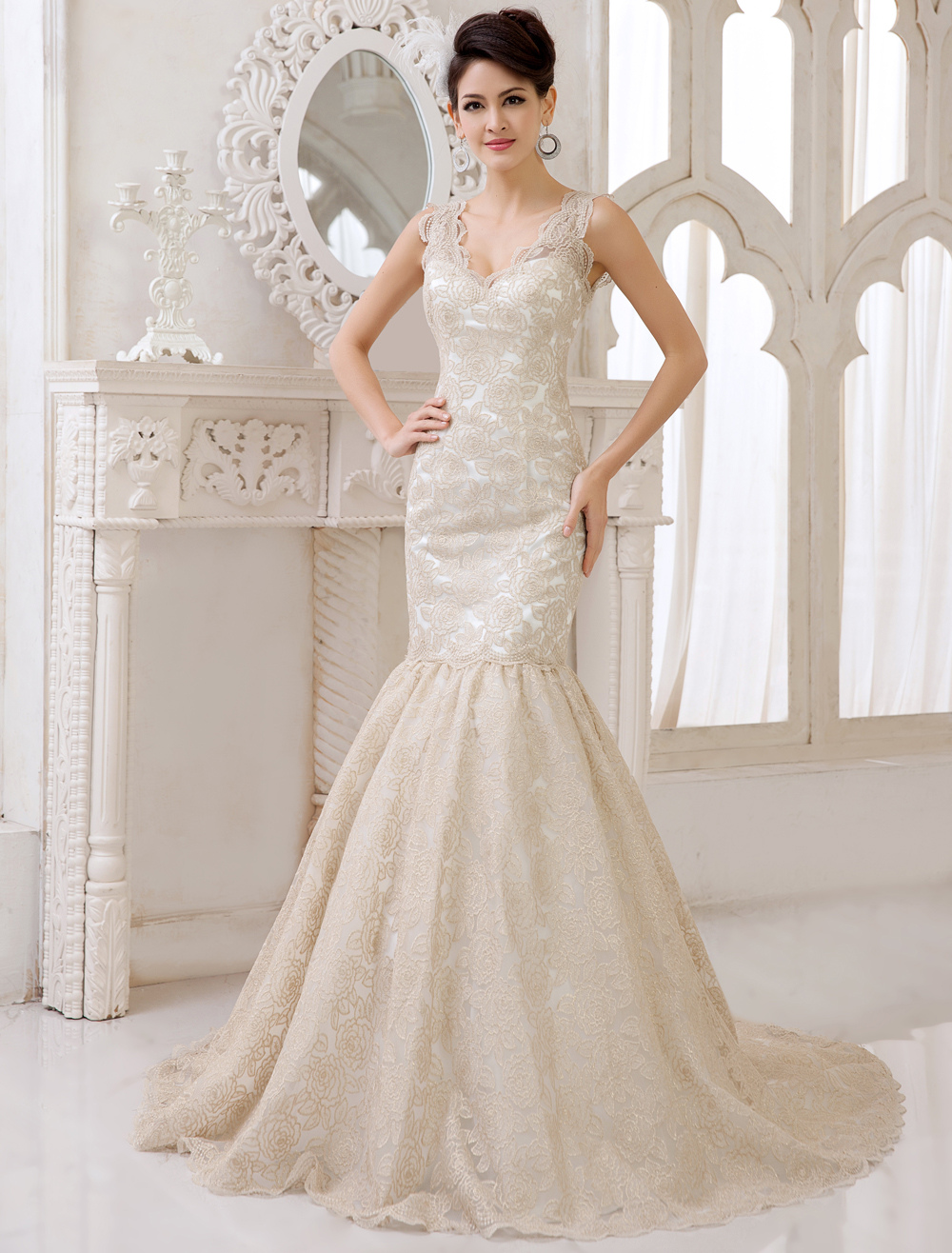 Sexy Champagne Lace Vneck Mermaid Wedding Gown Milanoo