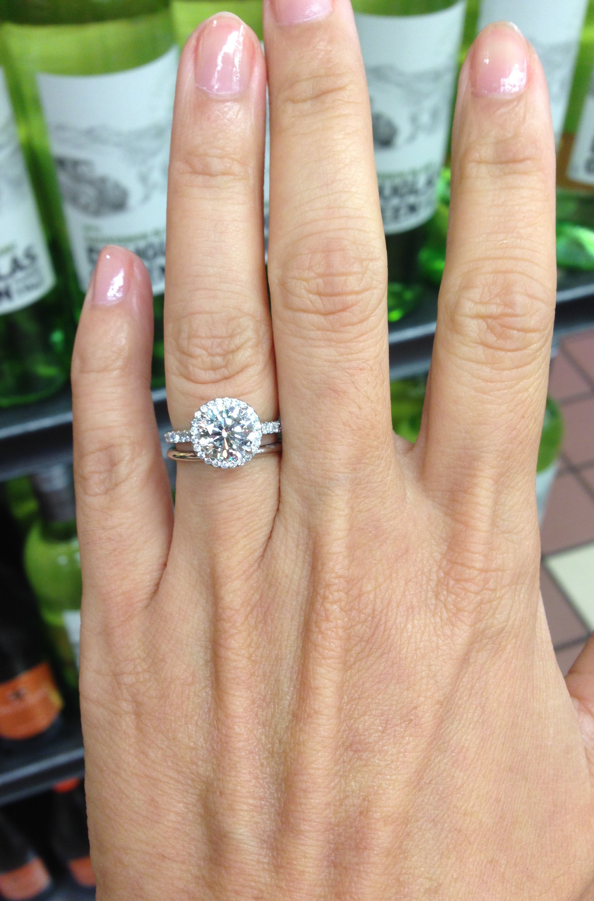 Halo with pave shank and plain wedding band