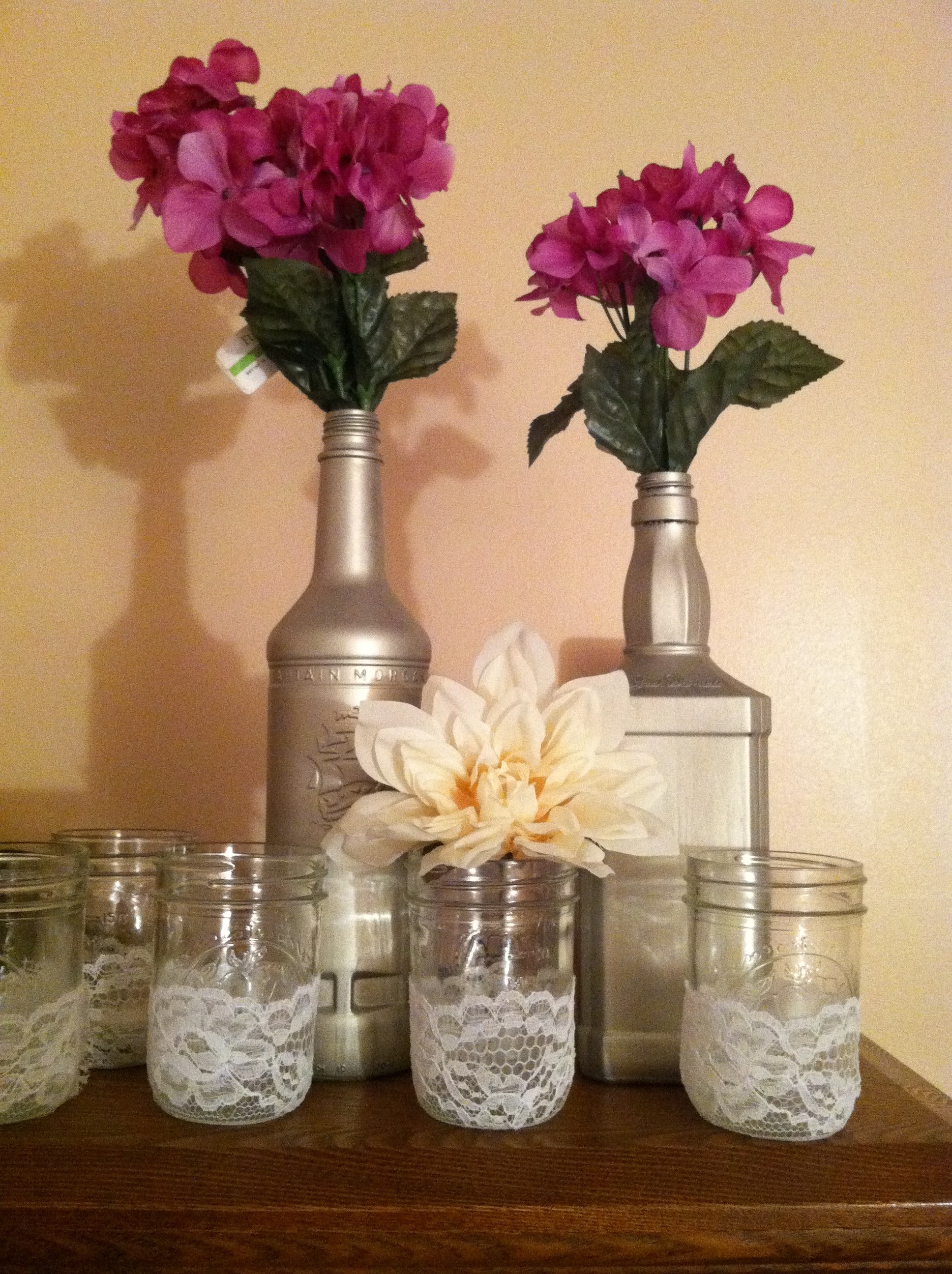 Ofiicially started centerpieces! (mason jars & liquor bottles!)