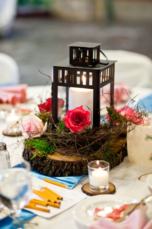 my wood slice lantern centerpieces Weddingbee Photo Gallery