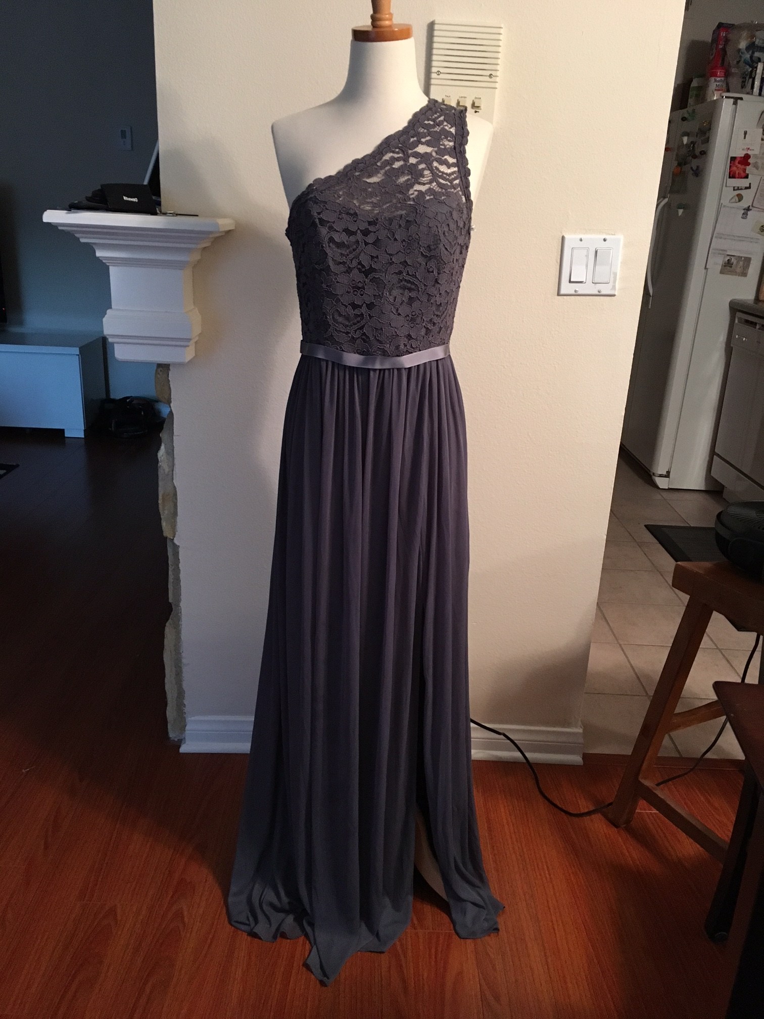 David's Bridal Bridesmaid Dress F17063 Pewter Lace Mesh OneShoulder Size 8
