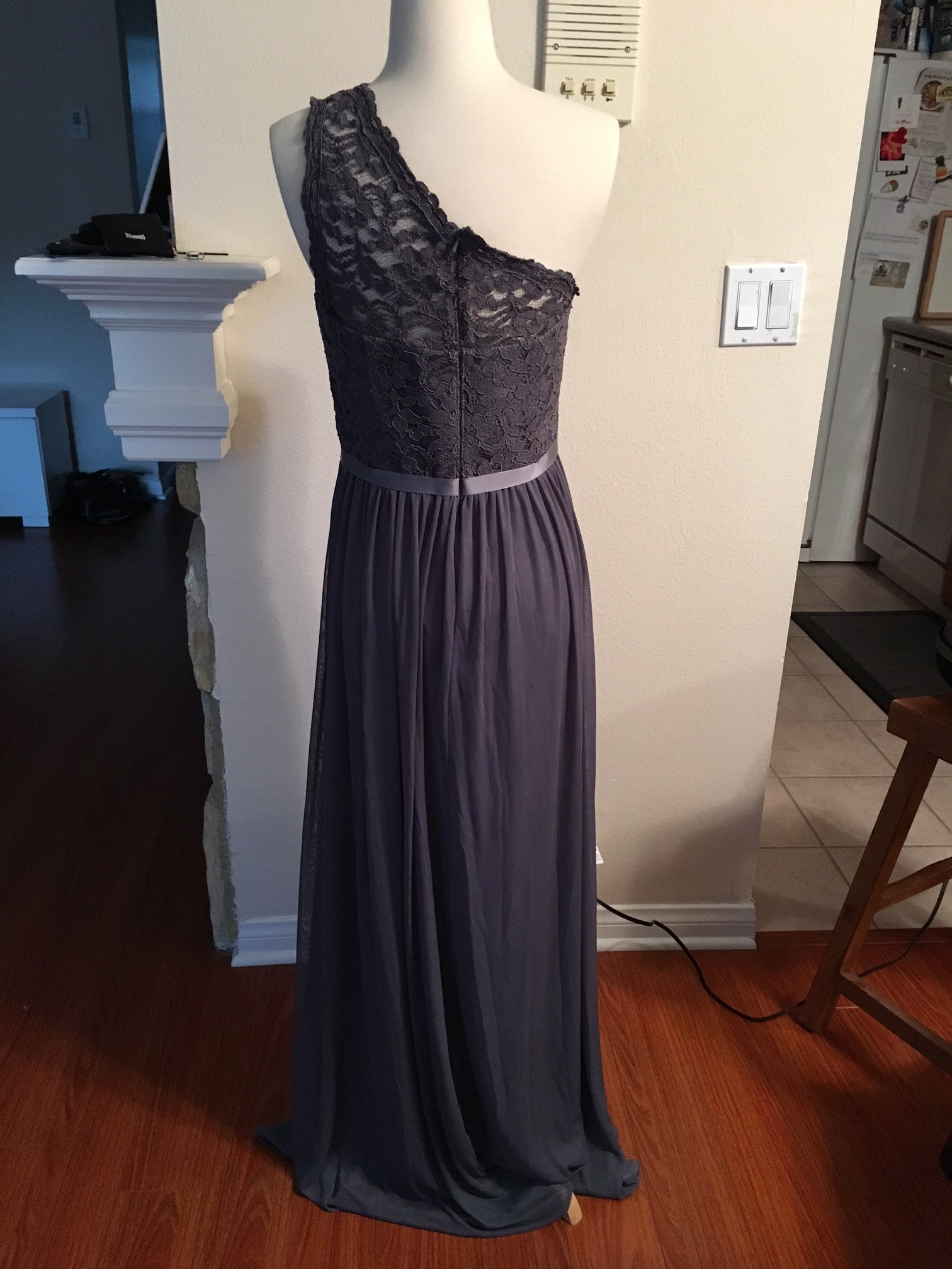 David's Bridal Bridesmaid Dress F17063 Pewter Lace Mesh OneShoulder Size 8
