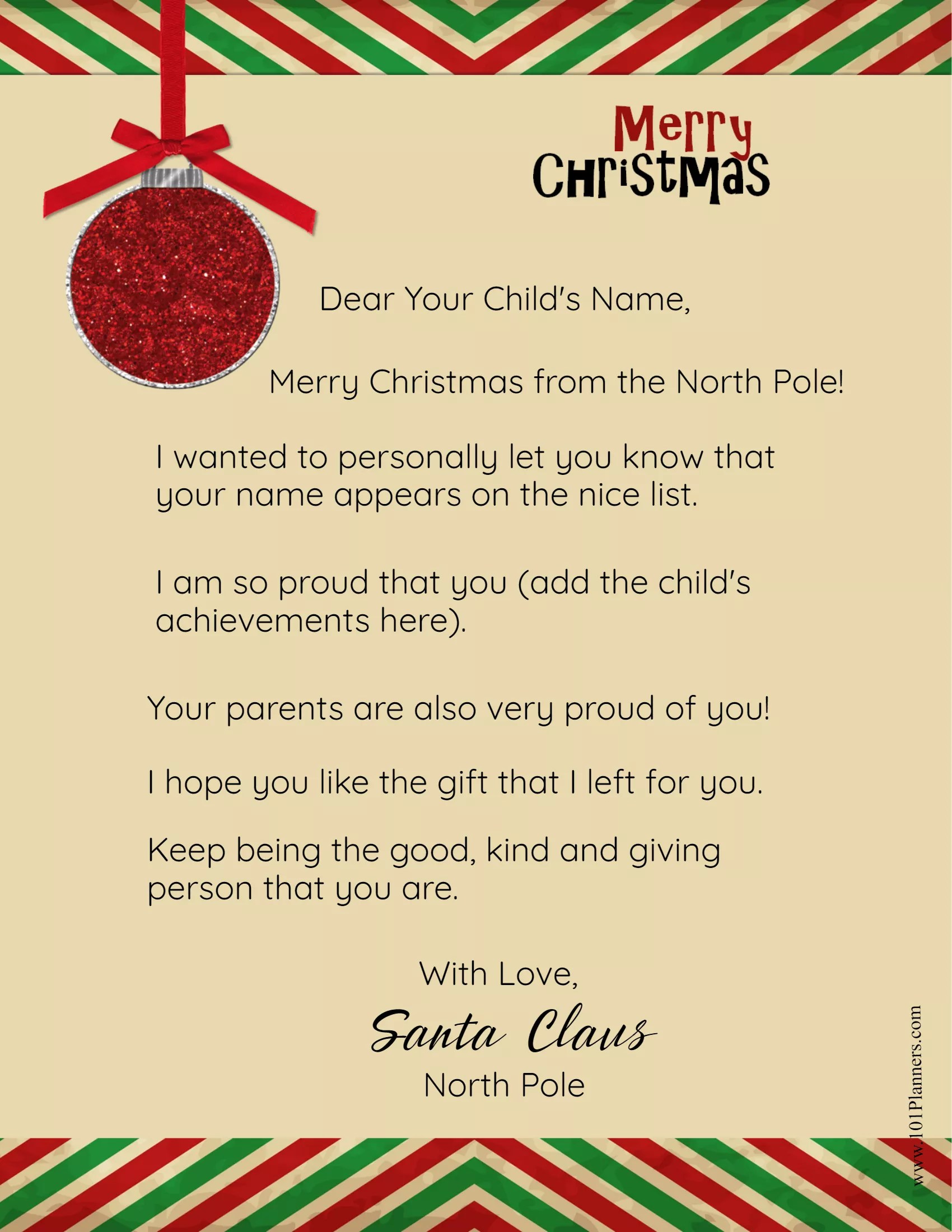 Letter From Santa To Kid Template
