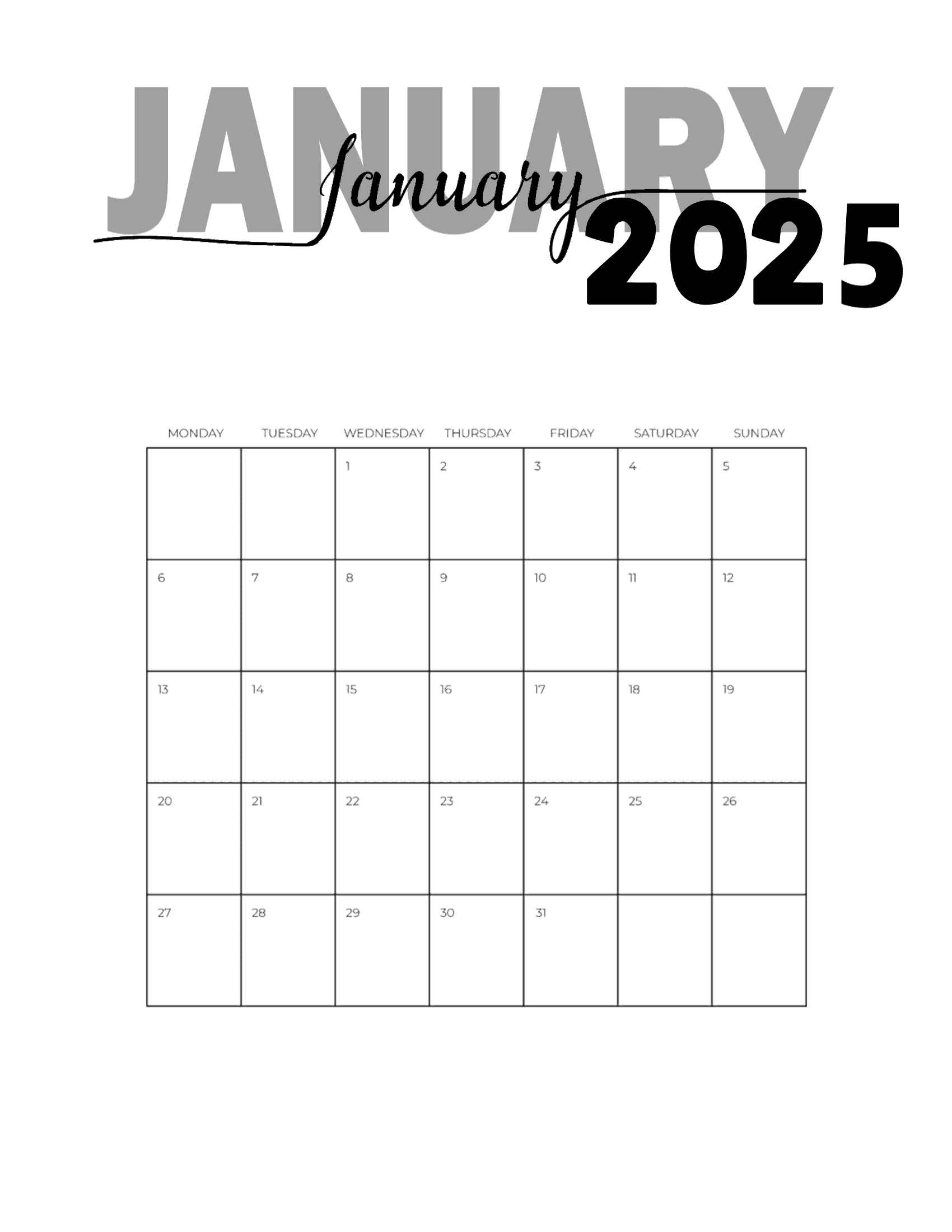 Free Printable January 2025 Calendar Customize Online