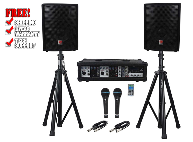 Rockville RPG2X10 Package PA System Mixer/Amp+10" Speakers+Stands+Mics