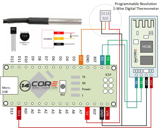 Wiring the DS18S20 1Wire Temperature Sensor with Bluetooth HC06 on