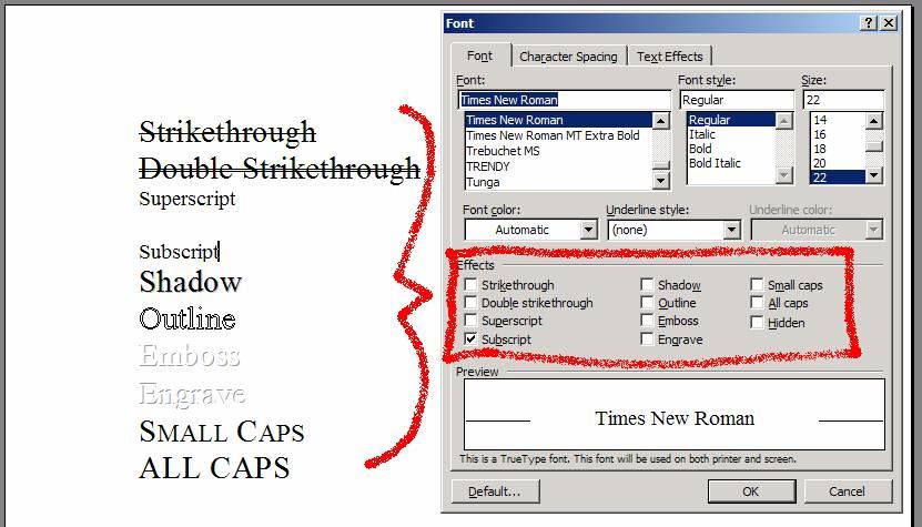 Font effects in MS Word