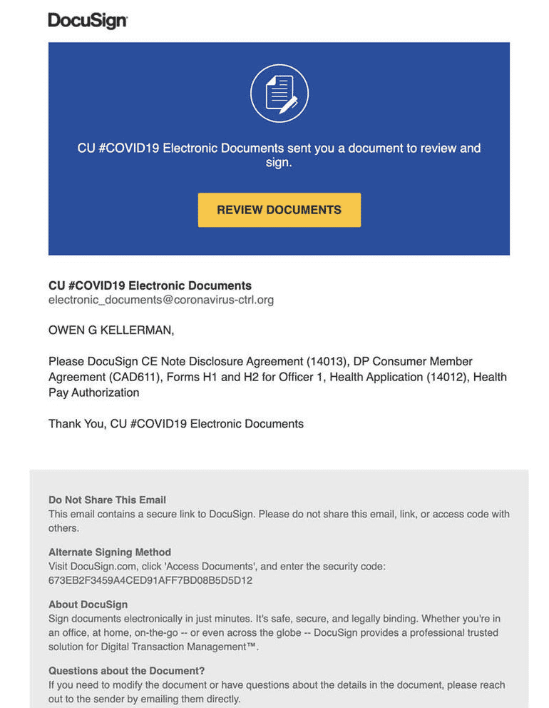 Phishing Emails Caught Exploiting DocuSign and COVID19 1st Nor Cal