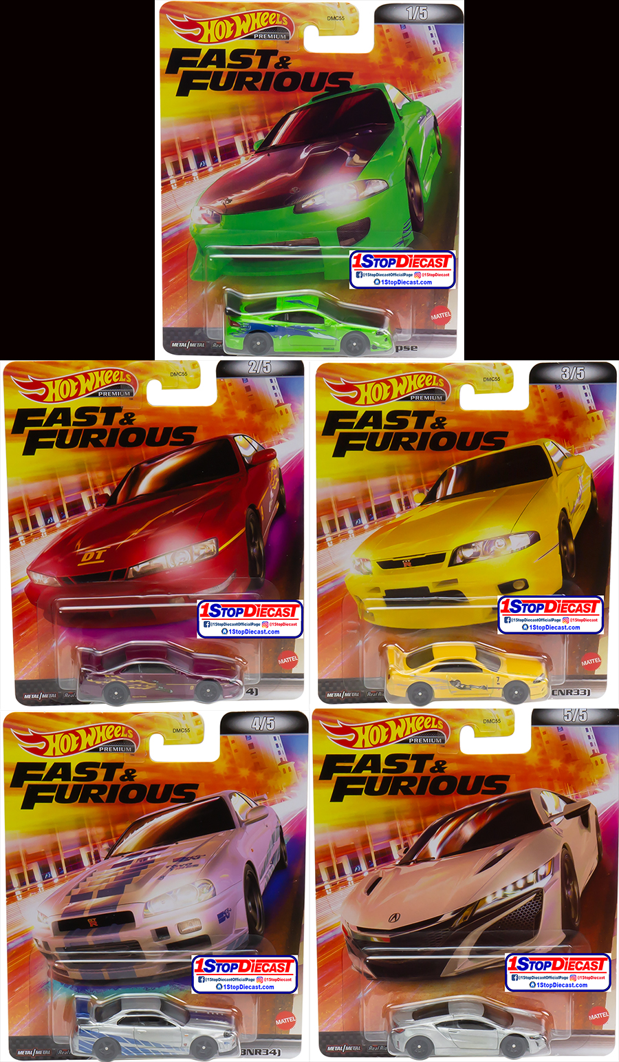 Hot Wheels Retro Entertainment 2022 Fast Furious Set Of Cars, DMC55