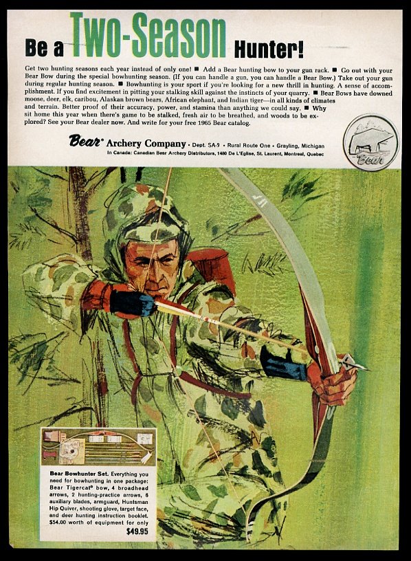 Fred Bear Archery bow hunter hunting color art vintage print advertisement
