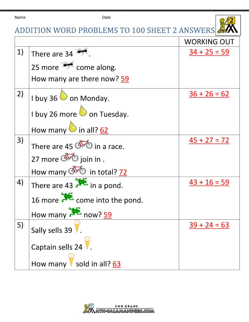 Addition Word Problems 2nd Grade