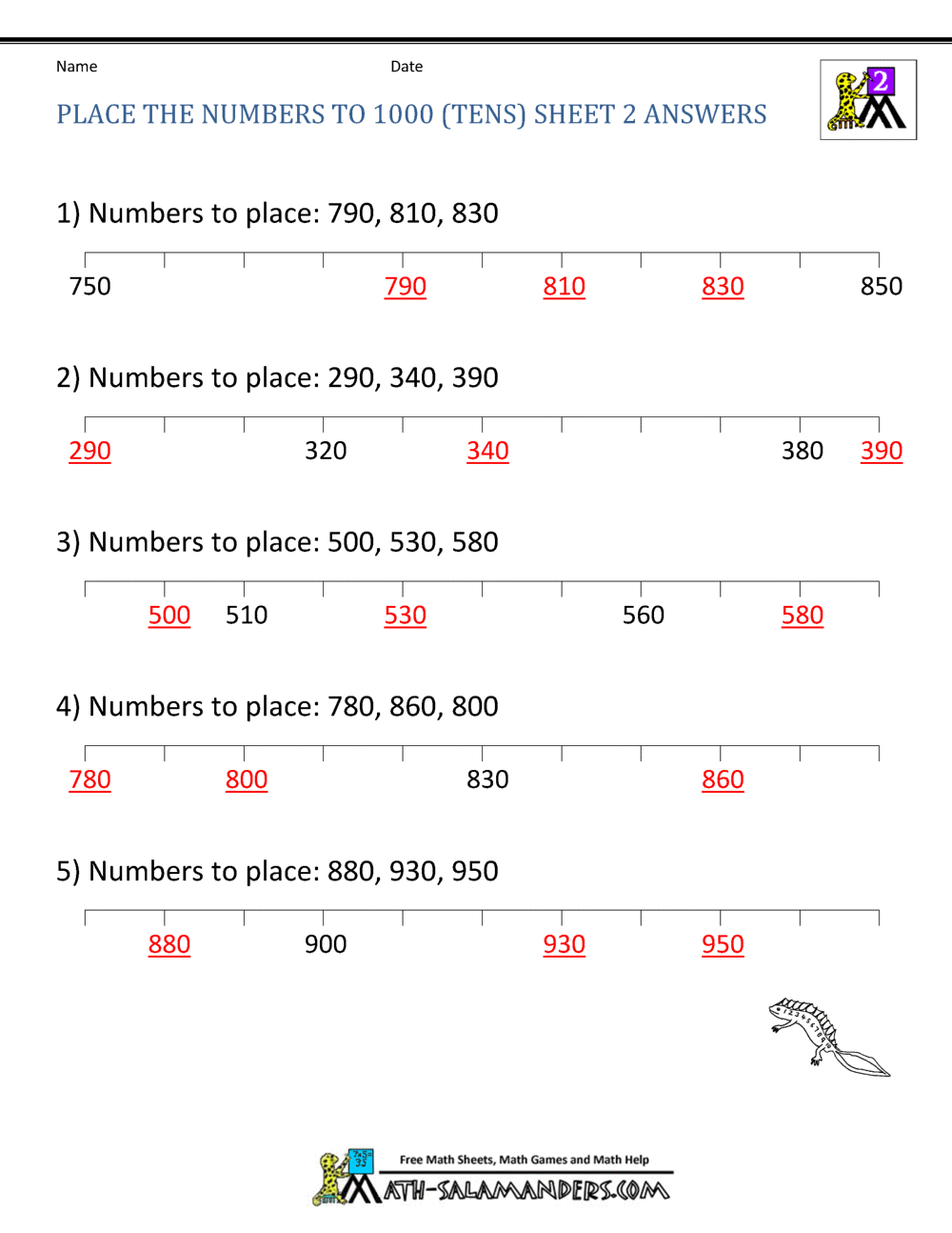 Free Number Line Worksheets Counting by tens