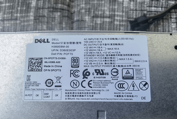 PCFT5 0PCFT5 360W Power Supply For Dell G5 5090 XPS 8940 Optiplex 7080