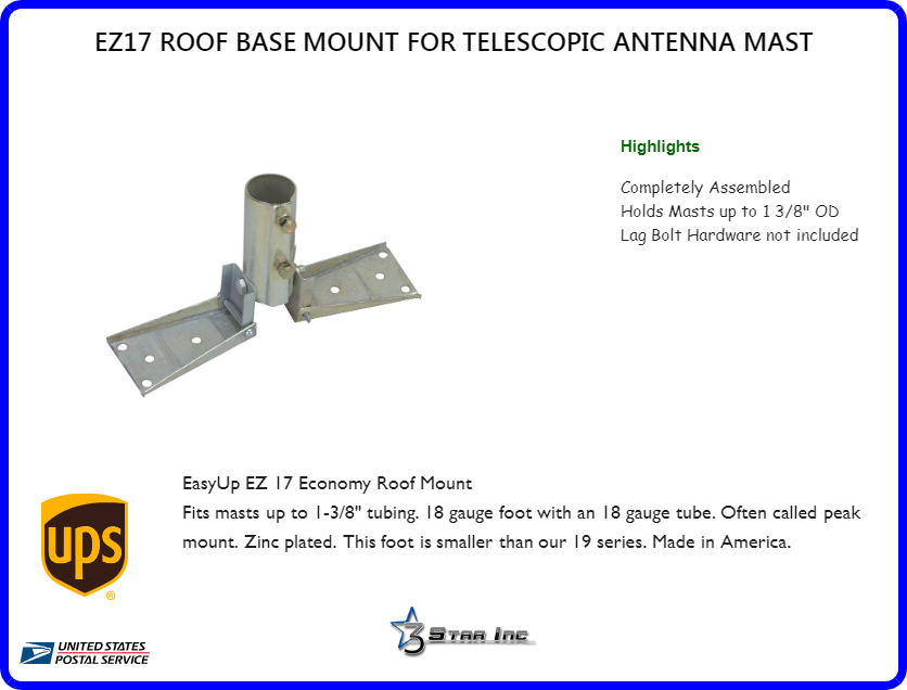 EZ17 Roof Base Mount for Telescopic Antenna Mast 3 Star Incorporated