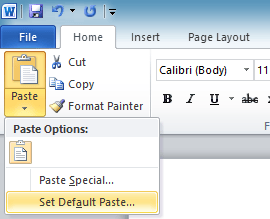 Set default paste in Word 2010