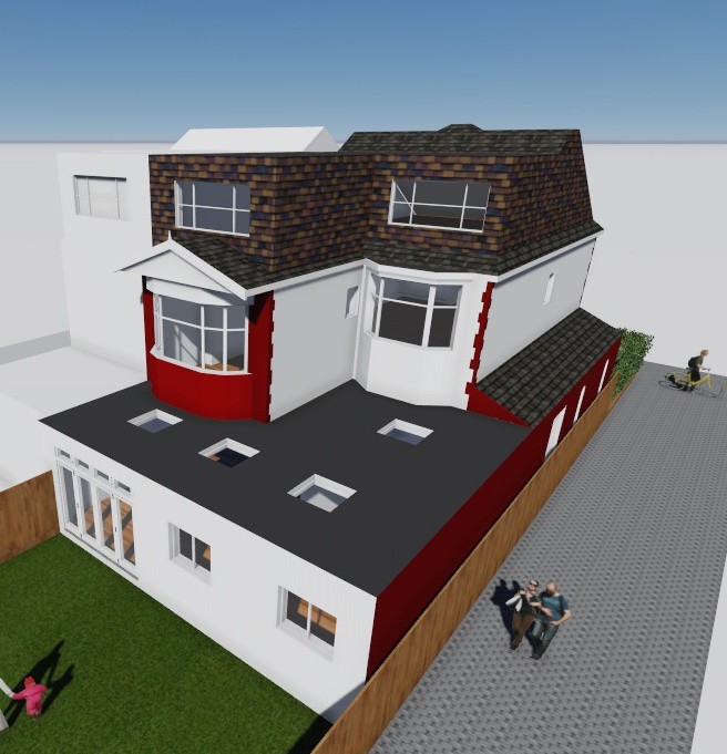 Conversion of house into 2 flats, rear extension, loft