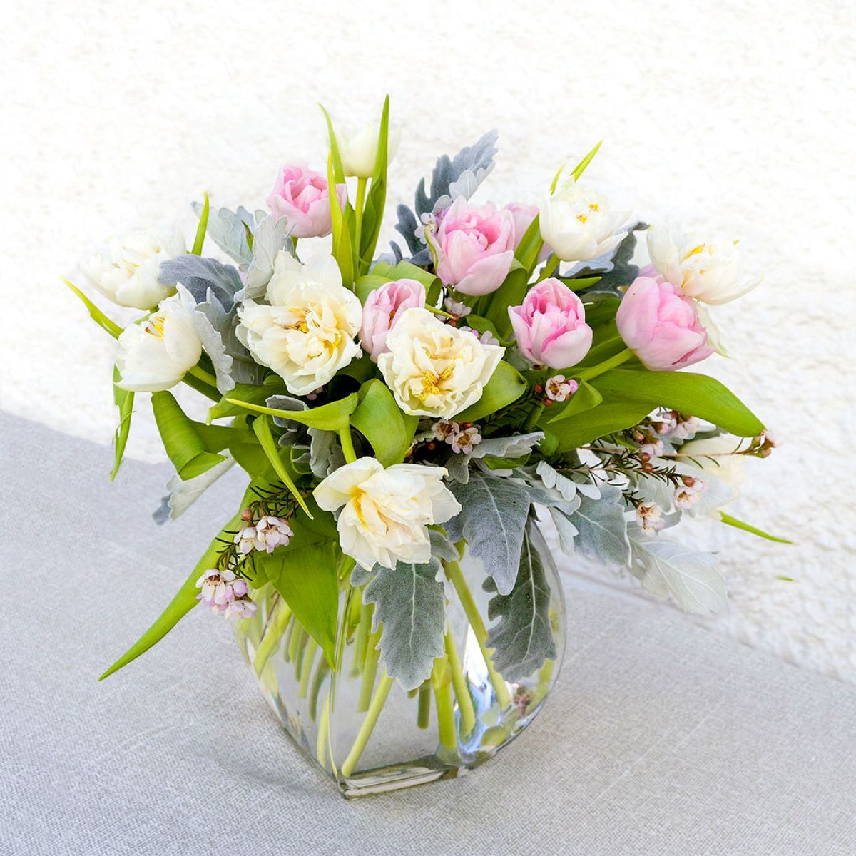 Spring Fling Bouquet Pastel & White Tulips in Vase