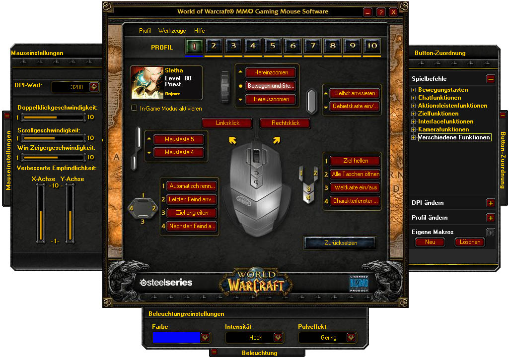 Steelseries WoW Maus Treiber, Einstellungen, Makros und Farbwechsel