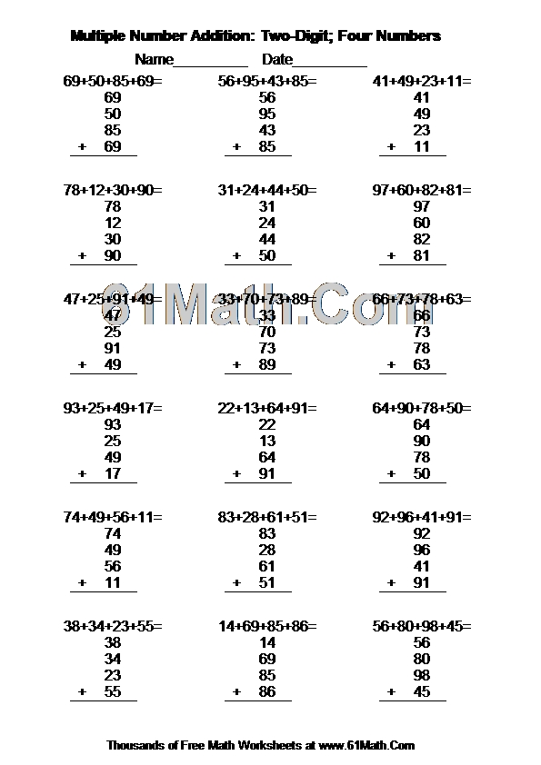 Multiple Number Addition TwoDigit; Four Numbers Create Your Own Multiple Number Addition TwoDigit; Four Numbers Create Your Own