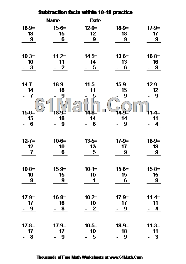 Subtraction facts within 1018 practice Create Your Own Math Worksheets