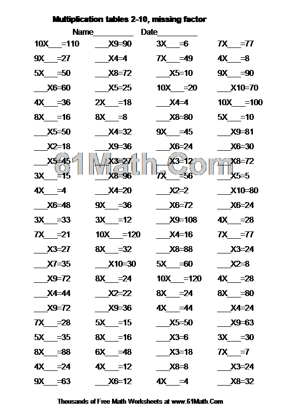 Multiplication tables 210, missing factor Create Your Own Math Worksheets