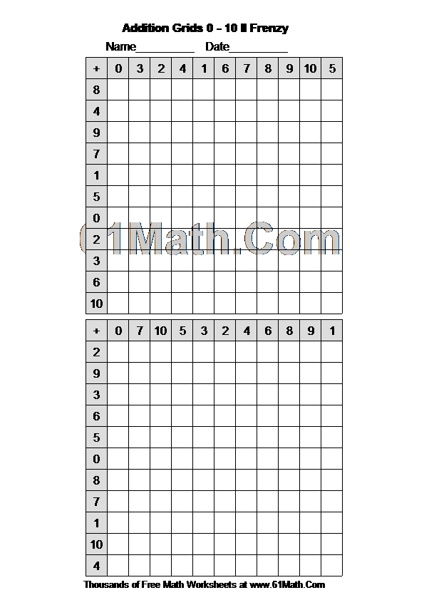 Addition Grids 0 10 II Frenzy Create Your Own Math Worksheets