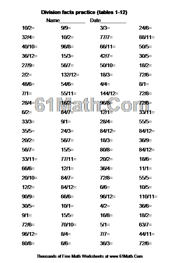 Division facts practice (tables 112) Create Your Own Math Worksheets