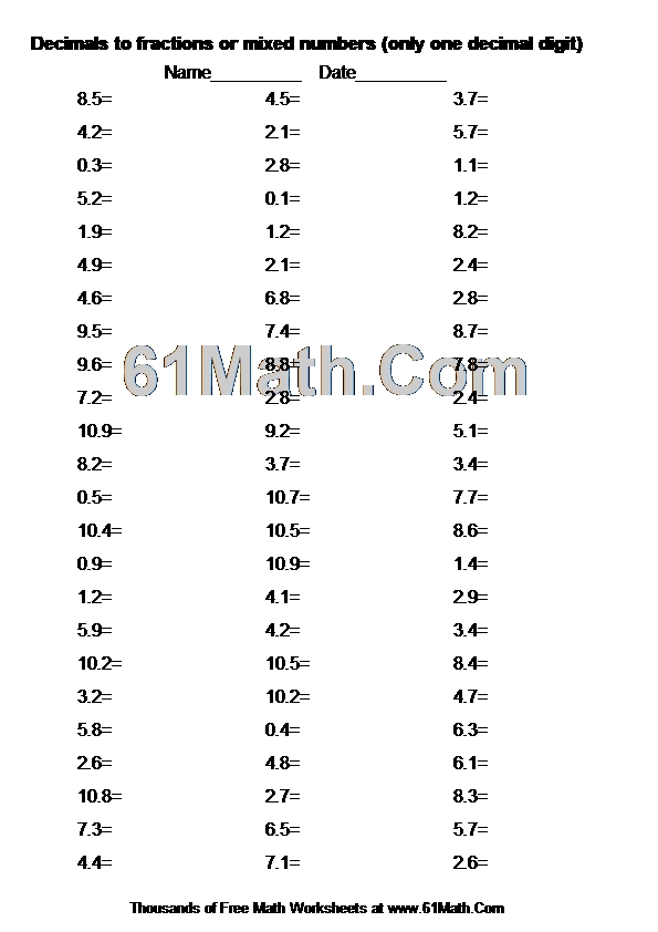 Decimals to fractions or mixed numbers (only one decimal digit) Create