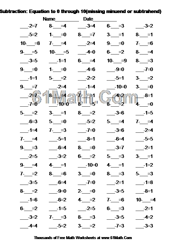 Subtraction Equation to 0 through 10(missing minuend or subtrahend