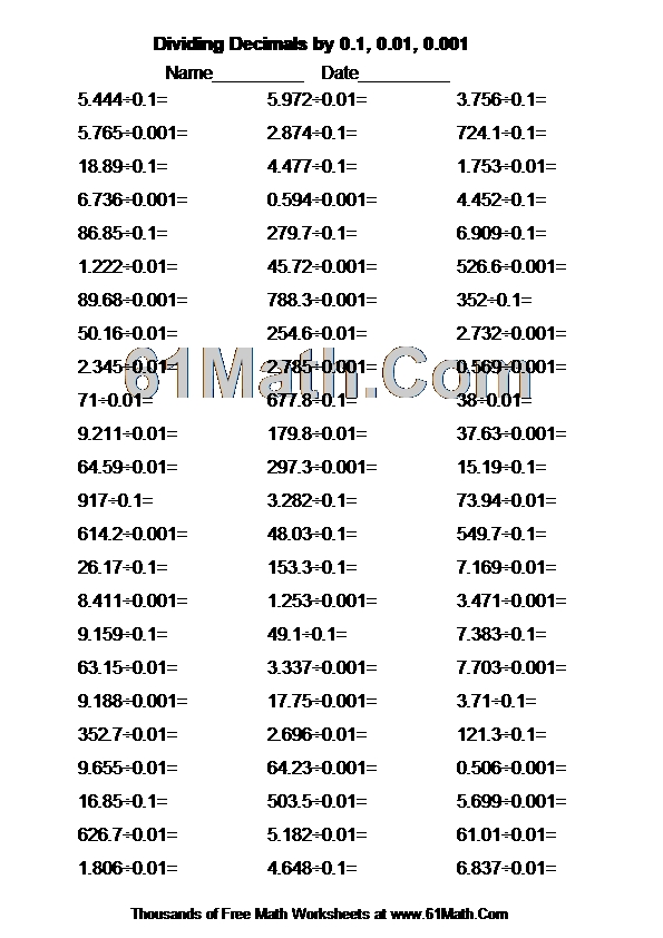 Dividing Decimals by 0.1, 0.01, 0.001 Create Your Own Math Worksheets