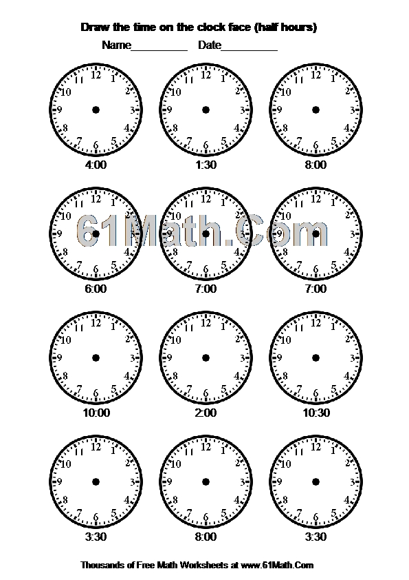 Draw the time on the clock face (half hours) Create Your Own Math