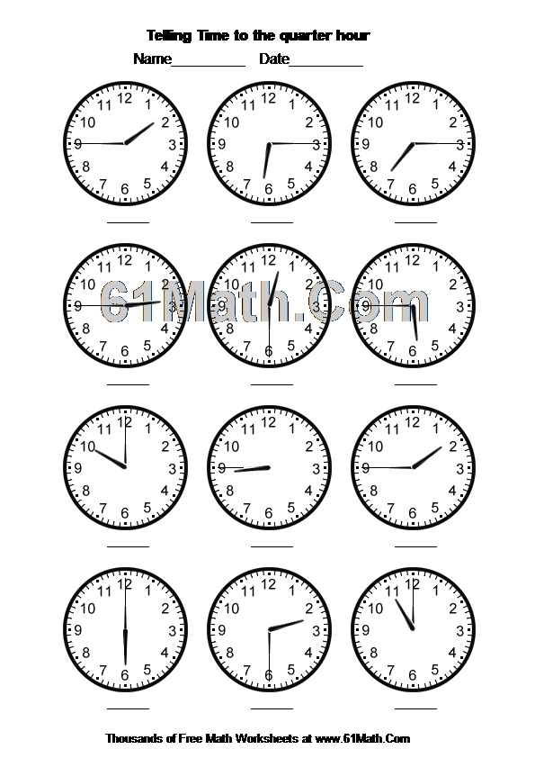 Telling Time to the quarter hour Create Your Own Math Worksheets