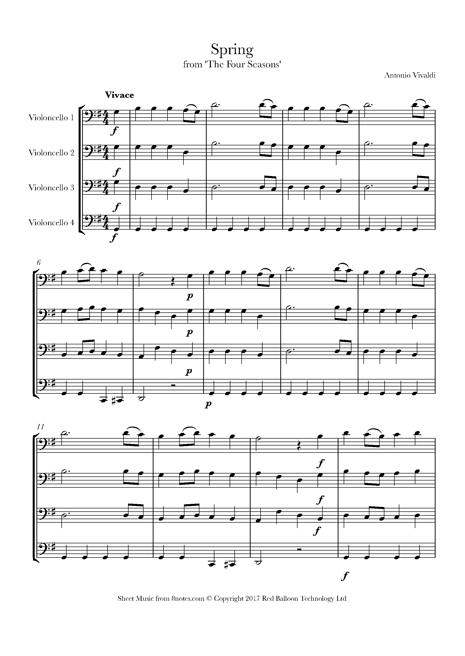 Vivaldi, Antonio Spring from the Four Seasons for Cello Quartet