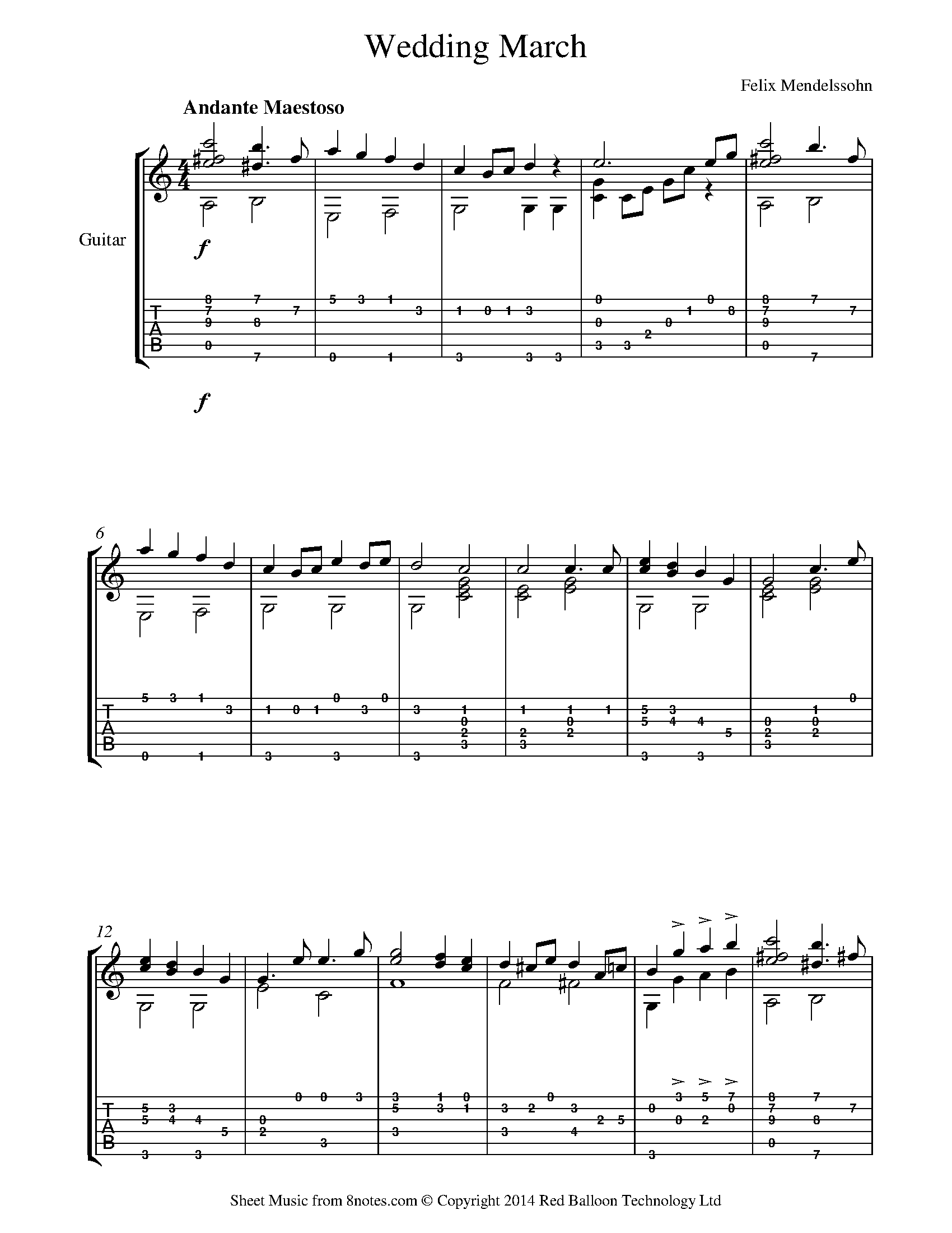 Mendelssohn Wedding March Sheet music for Guitar